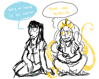 nat/jasp miscellany 1 Natalia and Jasper are seated close together. Natalia is looking off into the distance but her hand is resting on one of Jasper's sun-tendrils. Natalia: "bby your hand is so warm" Jasper: "that me tentacle"