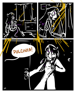 revelation pg 2 Panel 1. Dulcinea sits up and unplugs herself; rays of sunlight are shining around the curtains. Panel 2. Dulcinea pulls the curtain aside and stares out, speechless. Panel 3: Dulcinea, still hastily pulling on a labcoat, rushes outside and shuts the door. The moon and stars are visible, but the incongrous sunlight overhead persists. From off panel, Seizhi shouts "Dulcinea!"