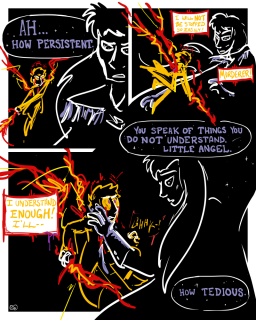 blasphemy - 3 Panel 1. The Headmaster turns, looking faintly annoyed: "Ah... how persistent." Behind him, Leonardo is leaping toward him, bringing his sword up in a two-handed grip. Panel 2. The Headmaster dodges out of the way as the sword comes down, cape flowing. Leonardo: "I will NOT be stopped so easily! Murderer!" Headmaster: "You speak of things you do not understand, little angel." Panel 3. Leonardo: "I understand ENOUGH! I'll --" The Headmaster cuts him off with a one-handed grip around his neck, choking him. "How tedious."