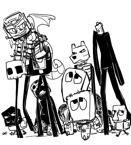 necromancy A lizard wizard, with a maniacal smile, riding on the back of a skull-headed spider with absurdly long legs; a crowd of similarly mixed-up Minecraft monsters follows behind.